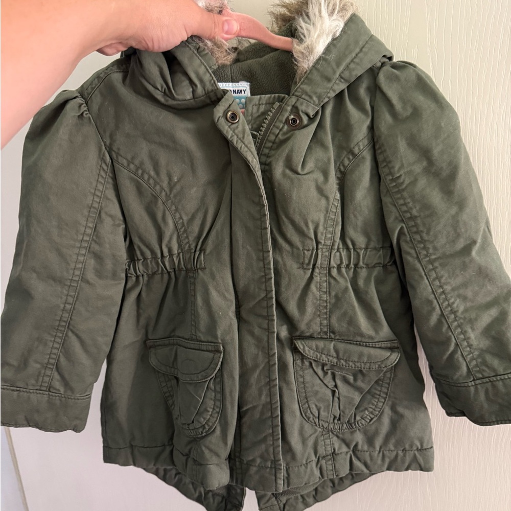 Old Navy Kids Olive Puffer Jacket with Faux Fur Hood